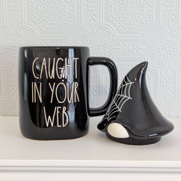 Rae Dunn Black Ceramic Halloween Coffee Mug with Decorative Lid - Caught in your - Picture 2 of 12